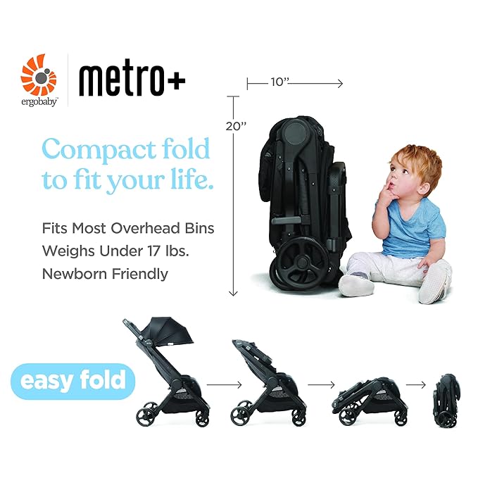 Ergobaby Metro+ Compact Baby Stroller, Lightweight Umbrella Stroller Folds Down for Overhead Airplane Storage (Carries up to 50 lbs), Car Seat Compatible, Slate Grey