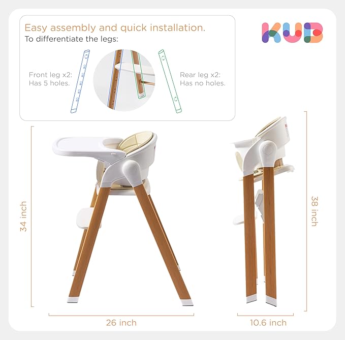 KUB High Chair for Babies and Toddlers Adjustable Foldable Convertible 5 Point Harness Easy Clean Wood-Printed Metal with Removable Tray Baby Highchair for Family (White&Natural Wood-Printed Metal)