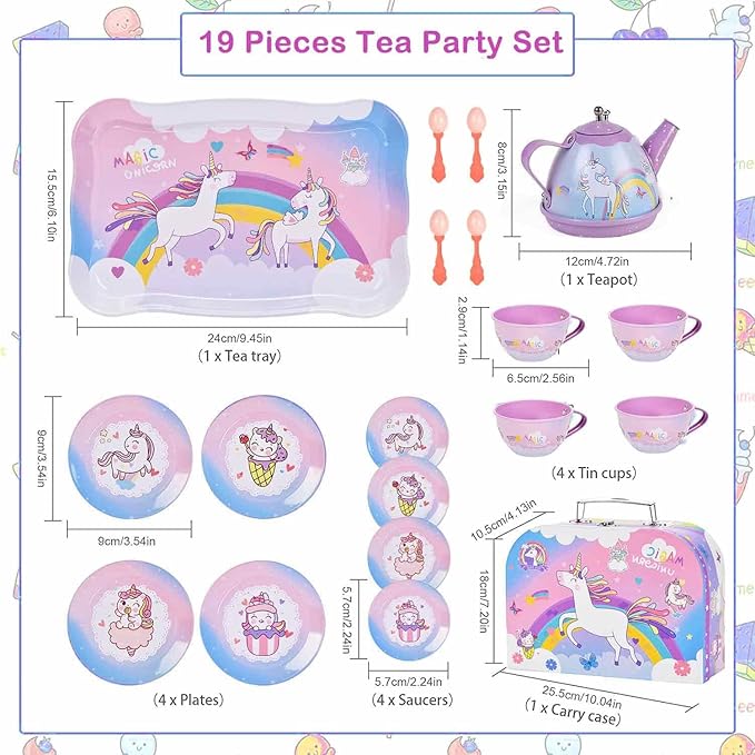 19Pcs Unicorn Tea Party Set – Birthday Gift for Girls Ages 3-6, Princess Pretend Play Kitchen Toy with Tin Tea Set