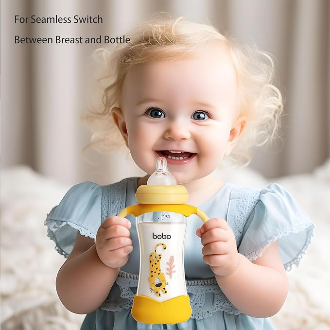 YOHKOH Natural Glass Baby Bottle with Natural Response Nipple, Wide Neck Baby Bottles with Handle, Newborn Anti-Colic Baby Bottles Gift Set, Clear (8.8oz (Pack of 4), Yellow)