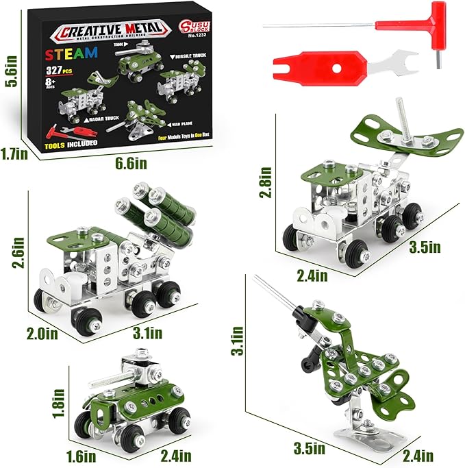 Building Toys for Boys Age 8-12,Creative Sets 4 Mini Army Vehicles Model,Metal Military Models Toys for Kids Ages 8+,DIY Educational Birthday Gifts for Kids Boys 8 9 10 11 12-16 Years Old