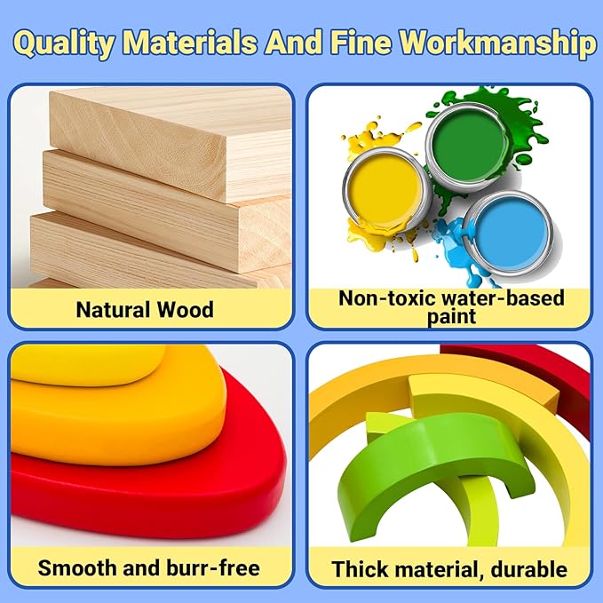Montessori Wooden Rainbow Stacking Toys for Baby Grimms Wood Building Blocks Nesting Puzzle Toy Colorful Stacker Arch Game Sensory Educational Learning Toys for 3-5 5-8 Year Old Toddler