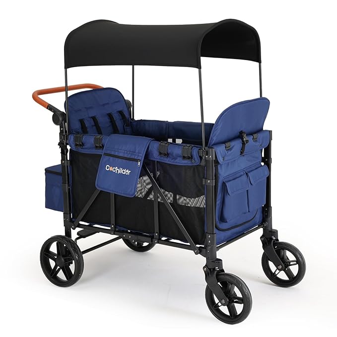Elite 4-Seater Wagon Stroller for 2-4 Kids, One-Hand Fold, High Seats with 5 Point Harness, Adjustable Handle & Canopy, Blue