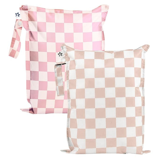 Tiny Twinkle Mess-Proof Waterproof Wet Dry Bag | 2-Pack Reusable Wet Bags for Swimsuits & Baby Clothes | Leakproof Wet Bag for Travel & Diaper Changes for Baby (Pink, Brown Checkers)