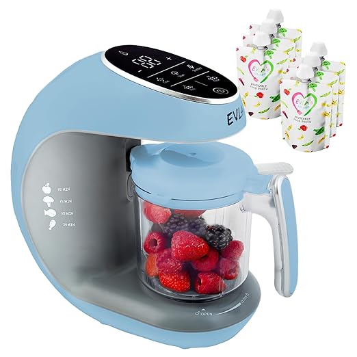 EVLA'S Baby Food Maker, Steamer, Blender, Baby Food Processor for Healthy Homemade Baby Food in Minutes, Touch Screen with 6 Reusable Food Pouches, Baby Registry Essential, Blue