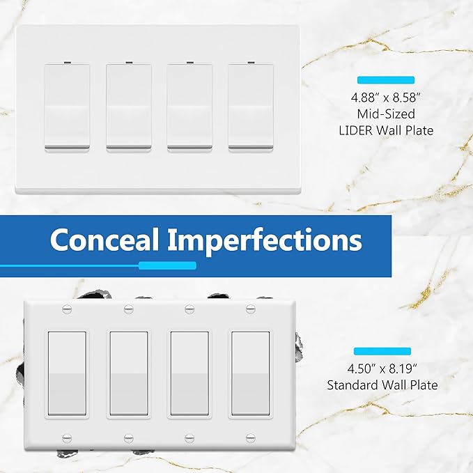 LIDER Matte Finish Quadruple Decorator Switch Cover, Screwless Wall Plate, Mid-Size 4-Gang 4.88" x 8.58", Polycarbonate Thermoplastic, UL Listed, LSWP-34M-W, White