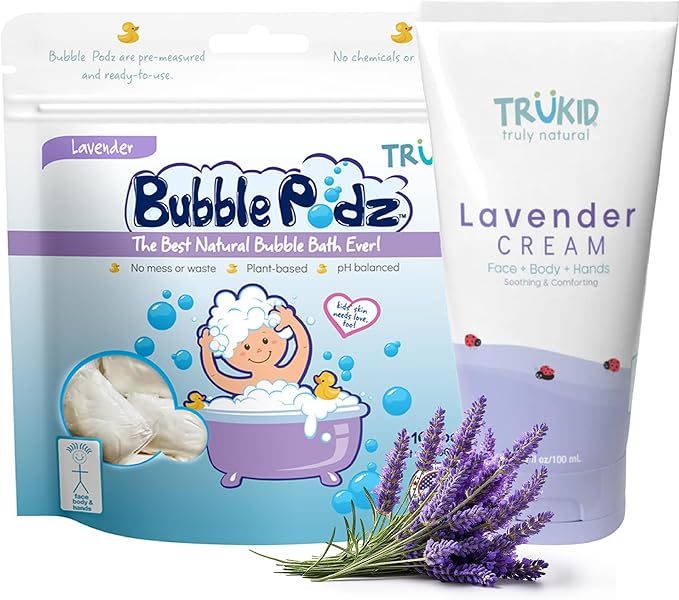 TruKid Lavender Bubble Podz with Baby Skin Cream – Calming Bath and Moisture Bundle for Kids and Toddlers