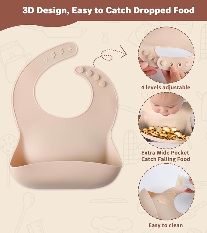 ECLIP Silicone Baby Feeding Set,10 Pcs Baby Led Weaning Supplies Baby Eating Essentials Set with Suction Bowl Divided Plate Adjustable Bib Soft Spoon Fork Cup with Lid Drinking Cup, Travel Bag (Beige)