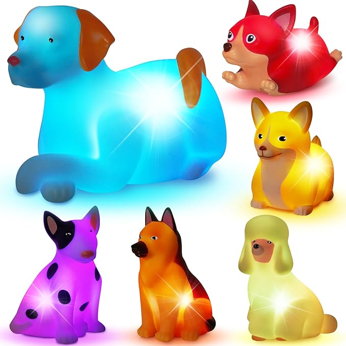 Bath Toys for Toddlers 1-3: 6 PCS Light-Up Dog Bath Toy Set, Baby Bath Toys, Bathtub Pool Bath Toy for Kids, Christmas Birthday Gifts for Boys & Girls Ages 1 2 3+ Years Old
