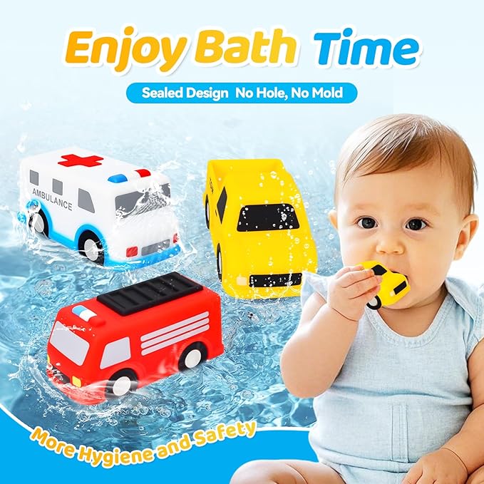 Silicone Cars Bath Toys for Toddlers, Christmas Birthday Gifts Age 1+, 6 Pack No Hole Bath Toys Design Keeps Moisture Out, Vehicles Play Set for Little Boys Girls Kids Christmas Stocking Stuffers