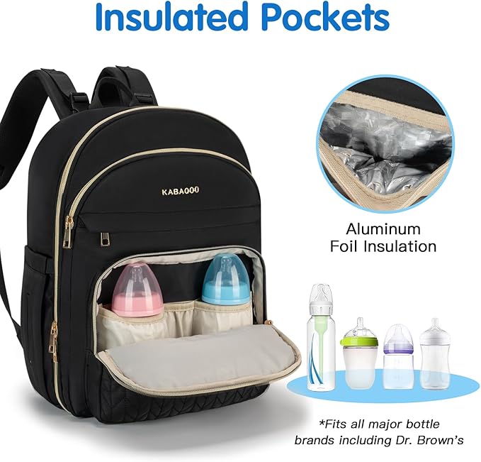 KABAQOO Baby Diaper Bag Backpack, Waterproof Diaper Backpack for Mom & Dad with Changing Pad, Insulated Pockets and Stroller Straps, Baby Shower Gifts for Girls & Boys, Black