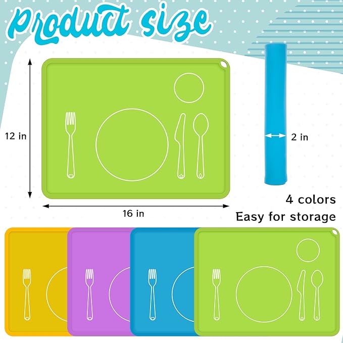Zhehao 4 Pcs Montessori Kids Placemat 16 x 12'' Non Slip Baby Silicone Placemats for Toddlers Baby Eating Mat Food Mats for Toddler Dining Table Setting Learning Travel Kitchen(Light Colors)