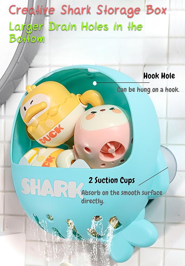 Adorable Frog Fishing Net Toy with 1 Wind-up Duck, 1 Windup Rabbit, Shark Storage Box for Kids Bath Time Fun, Perfect for Babies and Toddlers (Yellow)