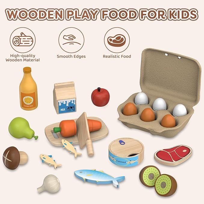 Wooden Play Food Toys for Kids - Pretend Play Kitchen Accessories Toy Set for Toddlers, Cutting Fruits Vegetables Toys Gift for Boys Girls Ages Over 3 Year Old