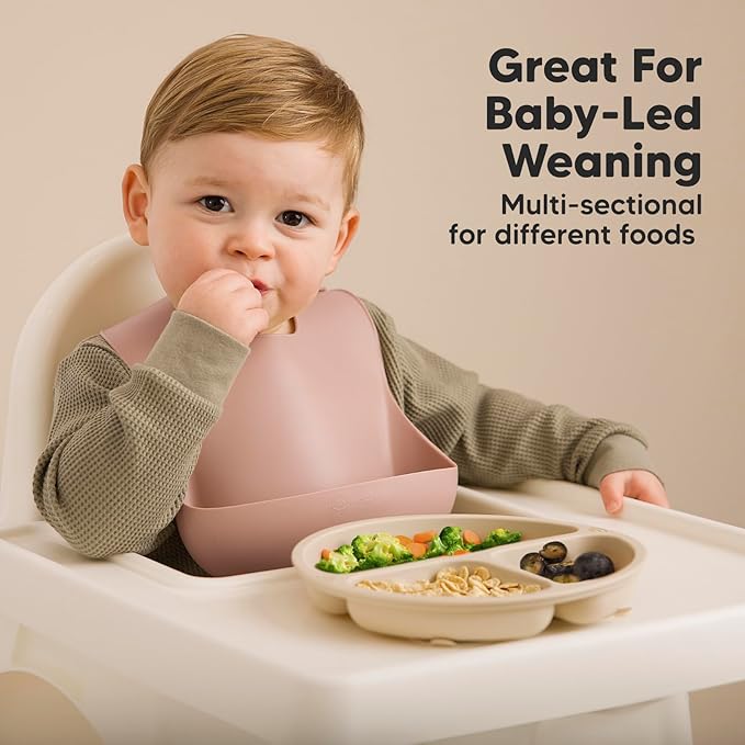 KeaBabies Suction Plates with Lids for Baby - 3-Pack 100% Silicone Toddler Plates with Suction, Divided, BPA-Free Baby Led Weaning Essentials for Kids, Dishwasher, Microwave Safe, Durable (Slate)