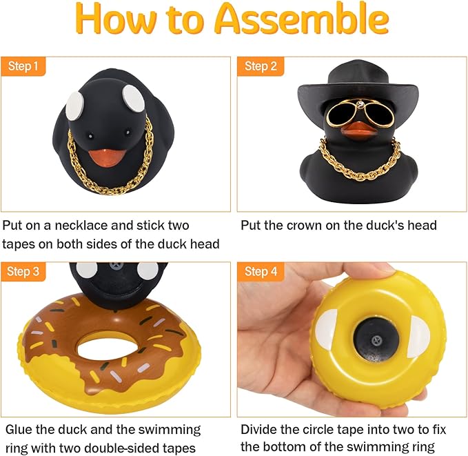 wonuu 2Pcs Car Dashboard Decorations Color Ducks, Rubber Duck for Car Ornament Accessories with Mini Hat Sunglasses Necklace and Swim Ring, A_Black Duck+Black Cowboy&Black Sun Hat