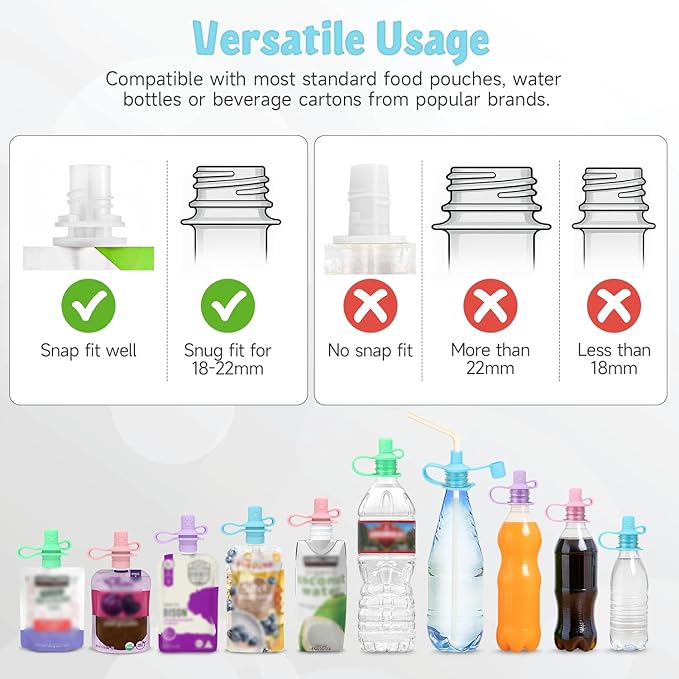 MORLIKE LIVING 2-in-1 Water Bottle Cap, 100% Silicone Topper for Food Pouch, No Spill Spout Adapter Turn Water Bottle into Sippy Cups, Protects Child’s Mouth, Travel Essentials (Mix/v2-4 Pack)