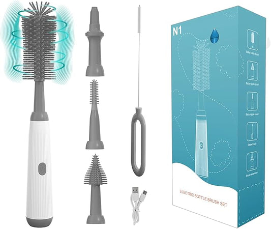 Electric Bottle Brush Set with Baby Bottle Brush 4-Piece,Bottle Brush,Nipple Brush,Straw Brush and Extension Handle,USB Rechargeable,Gift for Pregnant Women and New Moms (Grey)