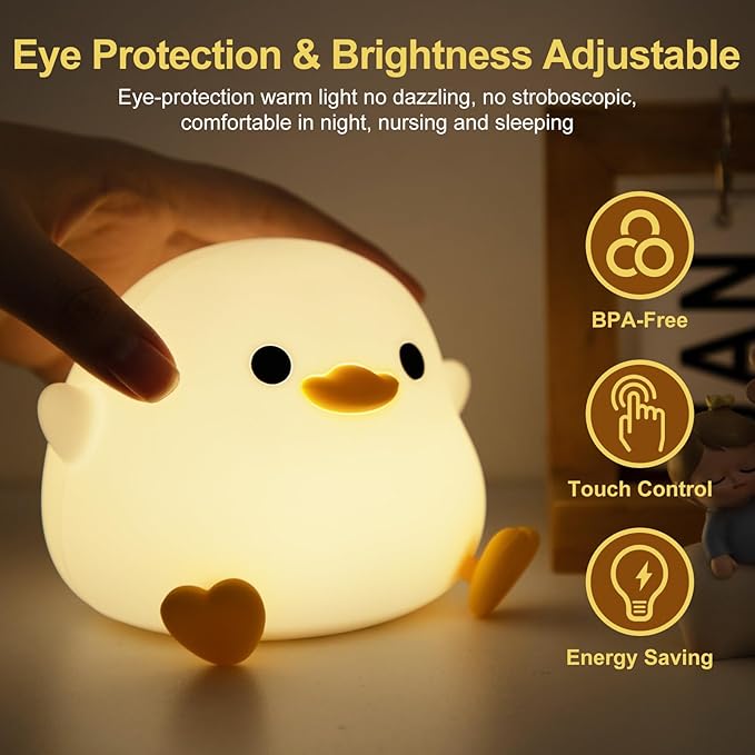 Cute Duck Night Light,Squishy Bean Shape DoDo Duck Lamp with Dimmable LED, Safe Silicone Nightlight for Nursery, Rechargeable Touch Lamp for Bedside Table,Ideal Gift for Children and Teens