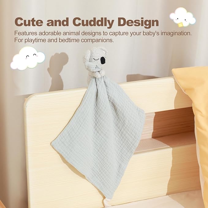 Hand Knit Koala Baby Blanket - Cute Educational Plush Doll and Baby Rattle, Soothing Toy.