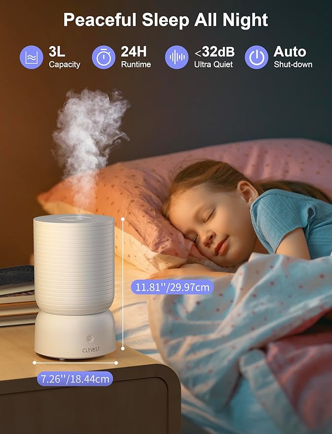 CLEVAST Smart Humidifier for Bedroom, 3L Top Fill Cool Mist Ultrasonic Air Humidifiers with Essential Oil Diffuser, Ultra Quiet for Baby Nursery, Plants, Home, Office (3 Liters Smart Version)