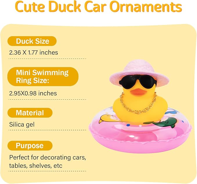 wonuu Car Rubber Duck, Yellow Duck Decoration Dashboard with Sun Hat Swim Ring Necklace Sunglasses for Car Dashboard Decorations