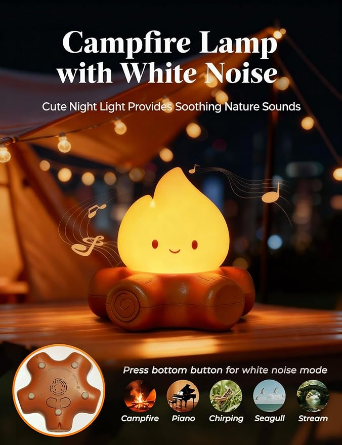 Chibi Campfire Lamp, Cute Flickering Flame Night Light, Soothing Nature White Noise, Rechargeable Cozy Campfire Light for Home Decor Camping Trips, Best Gifts