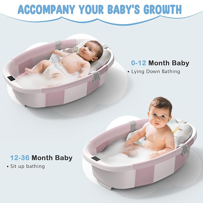 Collapsible Baby Bathtub, 3s to Install, Baby Bath Tub with Soft Cushion & Thermometer, 0-36 Months Newborn Bathtub,Portable Travel Baby Tub, Pink