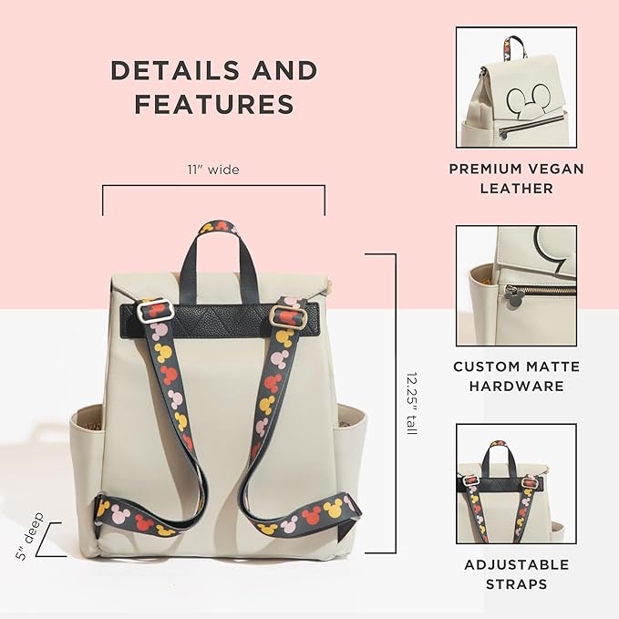 Freshly Picked Classic Mini II Diaper Bag Backpack, Wipeable Vegan Leather Disney, 8 Pockets (Mickey Mania)