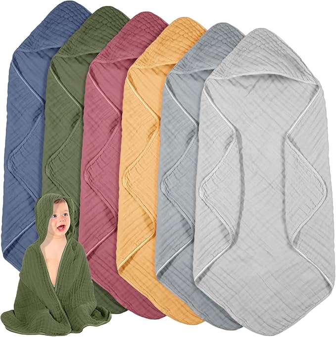 Peryiter 6 Pcs Muslin Hooded Baby Towels, 32"x 32" Cotton Newborn Bath Towel Muslin Infant Baby Blankets Absorbent Unisex Newborn Registry Gift Essentials for Girls Boys (Dark Color Series)