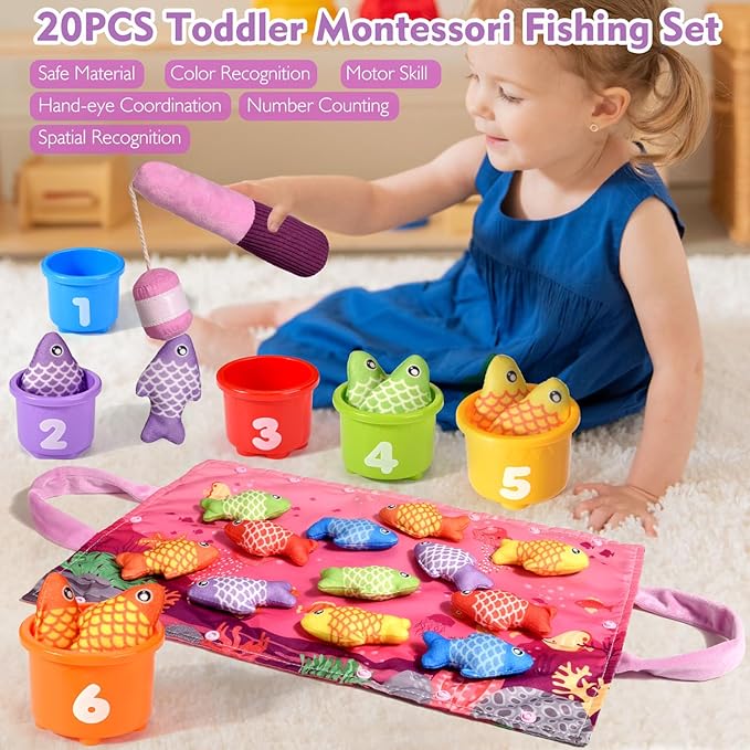 Montessori Toys for 1 Year Old Girl Gifts, 20PCS Pink Cloth Fishing Toy for Toddler 1-3, Fine Motor Skills Toy Sorting Learning Baby Toys 6-12-18 Months, One Year Old Girl Boy Birthday Gifts
