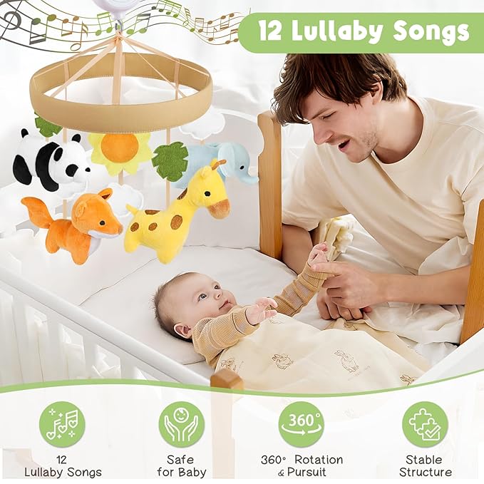 Animals Baby Crib Mobile - Safari Baby Mobile for Crib with 12 Lullabies for Boys & Girls, Nursery Mobiles, Fits Standard Cribs, Forest Nursery Decor