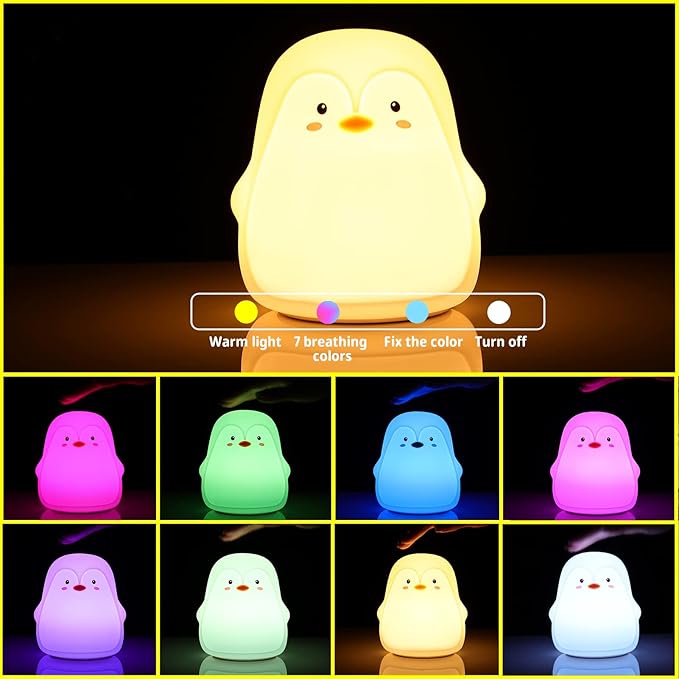 LOVERUIS Baby Night Lights Pudgy Penguins 7 Colors Night Light for Baby Nursery 3 Hours Timer Cute Night Light Gift Kid Penguin