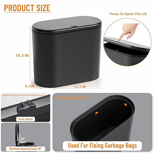 Yieach 12L Black Slim Bathroom Trash Can With Lid 3.17 Gallon,Skinny Small Kitchen Garbage Can and Pet/Dog Proof Trashcans for Office,RV,Bedroom and Dorm,Plastic Covered Trash Can and Wastebasket,1PCS