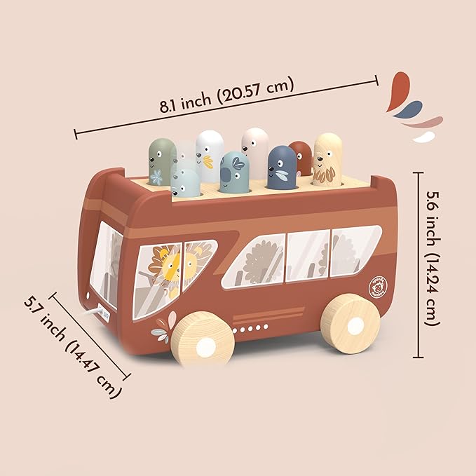 Speedy Monkey Bus Pounding Bench, Pull-Along Bus with Hammering Activity, 8 Wooden Characters, Enhances Hand-Eye Coordination, Safe Design, Non-Toxic Paint, Educational Toy for Kids 2-5 Years