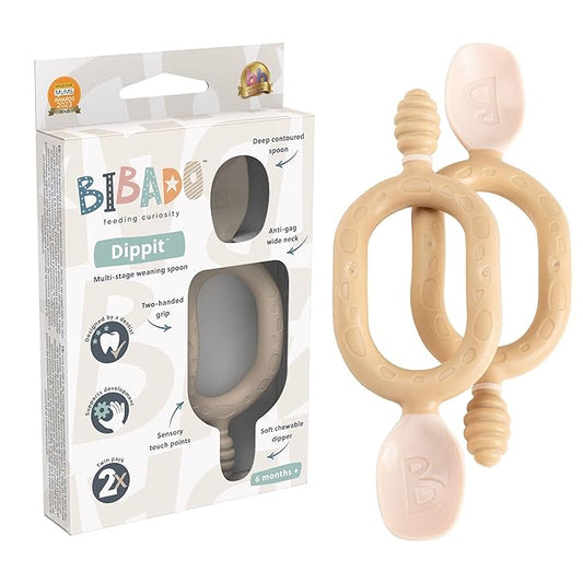 Bibado - Dippit Baby Spoon and Dipper, Fawn (2-Pack) - Soft, Chewable Dipper & Deep Spoon - Two-Hand, Sensory Grip - Toddler Utensils - Baby Led Weaning Supplies - Baby Essentials - 6 Months+