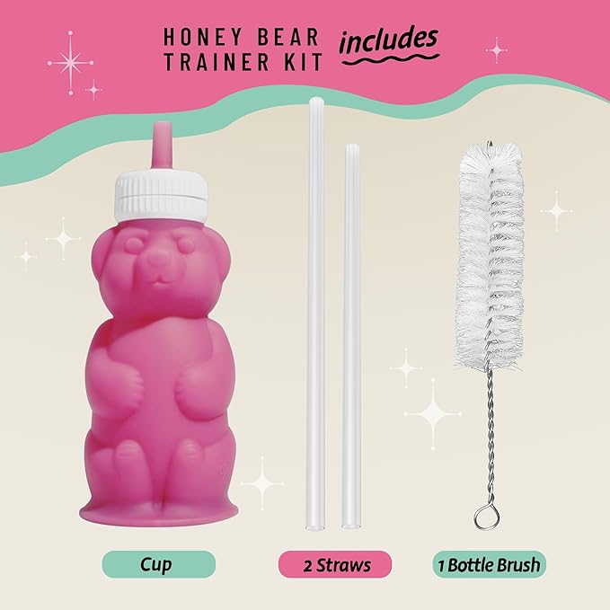 Legendairy Milk Honey Bear Straw Cup Silicone for Babies (Pink), 8 oz. Dishwasher Safe, Food Grade Silicone, Honeybear Sippy Cup for Ages 4+ Months
