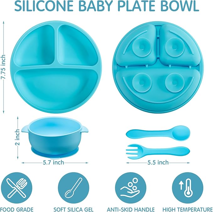 Chengu 12 Pcs Silicone Bowl with Suction Set for Baby Toddler with Suction Plate, Spoon and Fork, Divided Design Baby Feeding Utensils Weaning Kit, Dishwasher and Microwave Safe