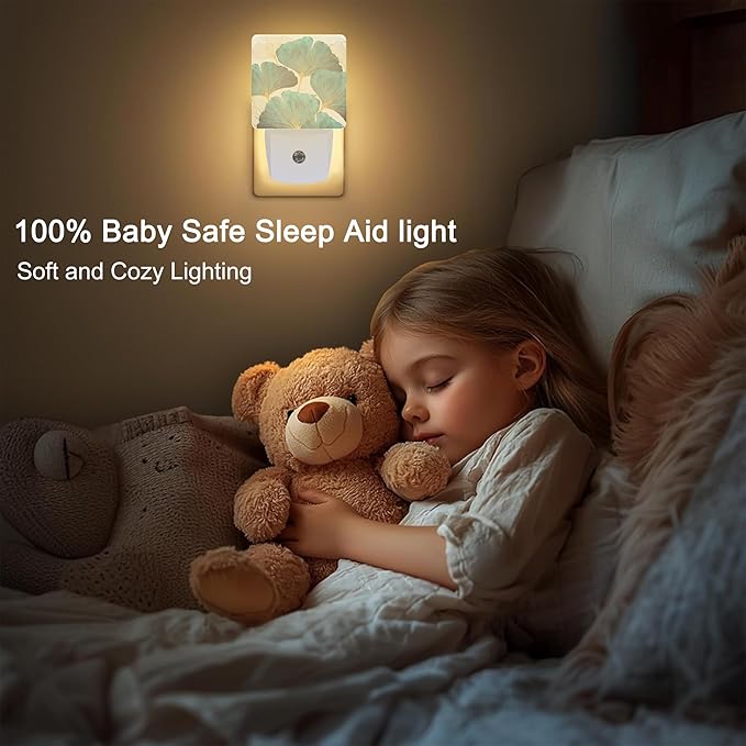 Ginkgo Leaves Green Plant Plug in Night Light with Auto Dusk to Dawn Sensor,Warm Night Lights for Boys Girls Bedroom Bathroom Hallway Kids Room Gifts