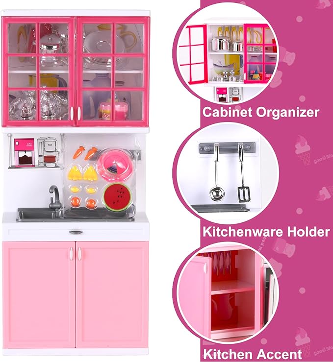 Doll Kitchen Playset for Kids, My Modern Mini Kitchen House Furniture Pretend Play Toy Accessories Set with Realistic Lights & Sounds for Toddlers, Girls (4-in-1)