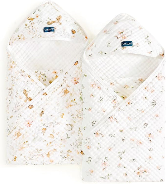 GRSSDER Ultra Soft Absorbent Muslin Cotton Baby Hooded Towel 2 Pack with Original Patterns, Extra Large Size 35"x 35" Swaddle Wrap for Newborn Infant and Toddler