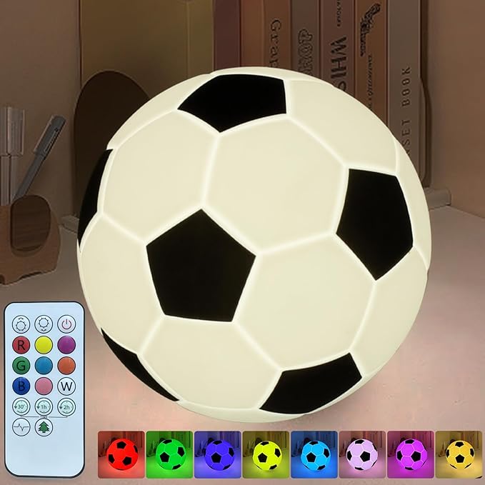 Soccer Silicone Night Light for Kids , 9 Colors with Remote Timer, Dimmable Rechargeable Baby Night Lights for Nursery, Battery Operated Lamp for Bedroom, Girls and Boys, Toddler, Baby Gifts (5.12 IN)