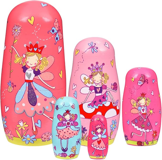 Nesting Dolls, 5Pcs 6" Tall Russian Nesting Dolls, Handmade Matryoshka for Kids, Wooden Stacking Toys for Christmas Home Wedding Party Decorations (Fairy)
