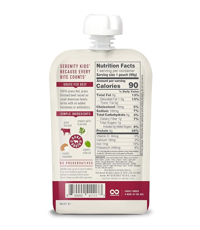 Serenity Kids Beef Bone Broth Puree with Organic Veggies - Protein-Rich BPA-Free Pouches & Grass Fed Beef Baby Food - Clean Label Project Purity Award Certified - 3.5 Oz, 6 Pack
