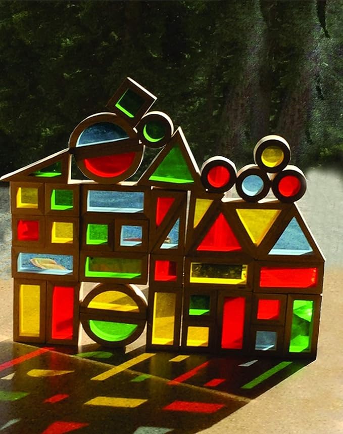 Agirlgle Wood Building Blocks Set for Kids 24 Pcs Rainbow Stacker Stacking Game Construction Toys Set Preschool Colorful Learning Educational Toys - Geometry Wooden Blocks for Boys & Girls