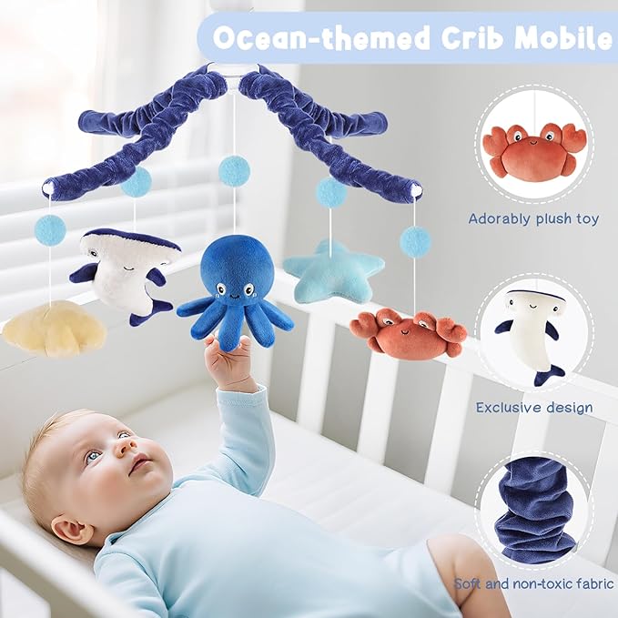 Ocean Crib Mobile for Boys & Girls – Sea Animals Baby Mobile for Crib with Upgraded 3-Mode Music Box, Blue Nursery Mobiles, Fits Standard Cribs