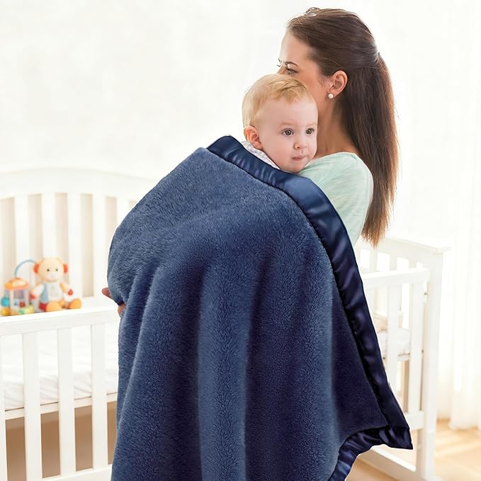 Pro Goleem Fleece Baby Blankets for Boys with 2 Inch Satin Trim, Super Soft Plush Receiving Blanket for Infant Toddler Newborn, Cozy 30x40 Inch Crib & Stroller Blanket (Navy Blue)