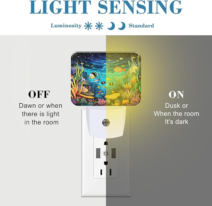 Colorful Underwater World Night Light for Kids, Fish and Coral LED Night Light Plug into Wall with Dusk to Dawn Sensor for Girls Boys Women Men Bedroom,Hallway,Kitchen,Bathroom,Stairs Decor