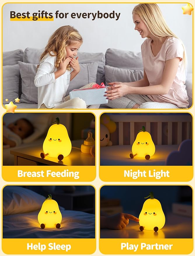 Pear Night Light for Kids, Nursery Night Lights, Bedside Touch Lamp, Cute Silicone Nightlight for Baby Toddler, 3 Level Dimmable Soft Night Lamps Gift for Bedroom Kids Room Decor