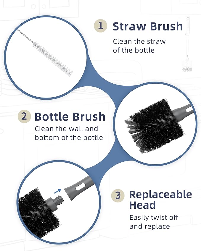 2 in 1 Long Handle Bottle Brush with Straw Brush for Cleaning Glass, Sports Bottle, Coffee Mug, Gray, 1 Pack